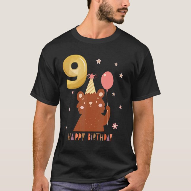 Bear Animal  9th Birthday Girl B day 9 Years Old T-Shirt (Front)