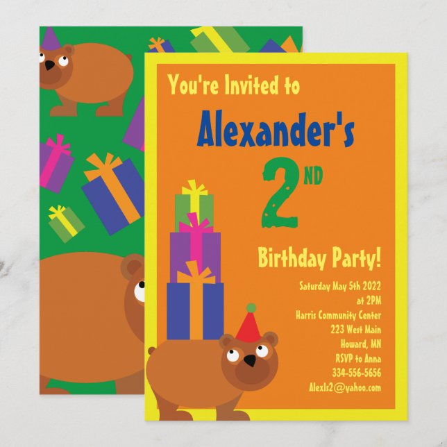 Bear Animal Kid's Birthday Party Invitations (Front/Back)
