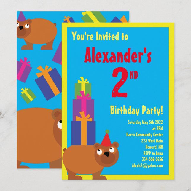 Bear Animal Kid's Birthday Party Invitations (Front/Back)