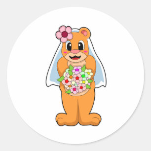 Bear as Bride with Flowers Classic Round Sticker