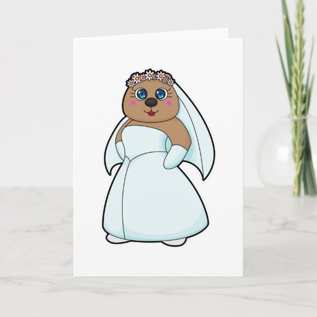 Bear as Bride with Wreath of Flowers Card (Front)