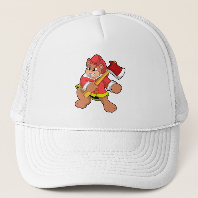 Bear as Firefighter with Axe Trucker Hat (Front)