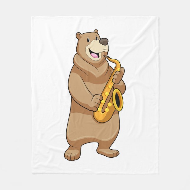 Bear as Musician with Saxophone Fleece Blanket (Front)