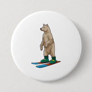 Bear as Skier with Ski 7.5 Cm Round Badge