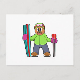 Bear as Skier with Ski & Ski poles Postcard