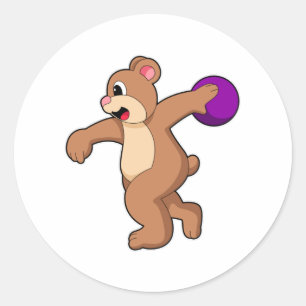 Bear at Bowling with Bowling ball Classic Round Sticker