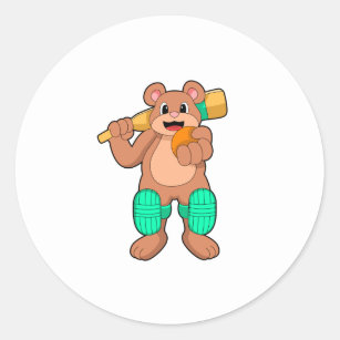 Bear at Cricket with Cricket bat Classic Round Sticker