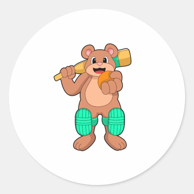 Bear at Cricket with Cricket bat Classic Round Sticker (Front)