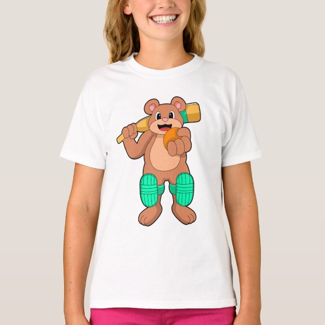 Bear at Cricket with Cricket bat T-Shirt (Front)