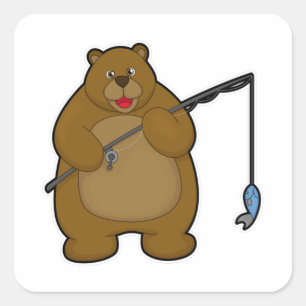 Bear at Fishing with Fishing rod & Fish Square Sticker
