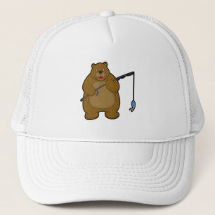 Bear at Fishing with Fishing rod & Fish Trucker Hat