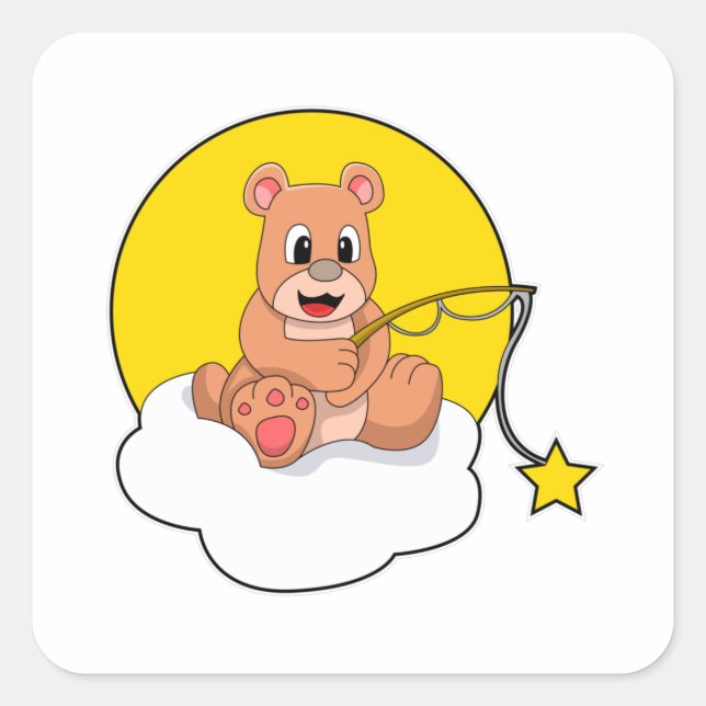 Bear at Fishing with Fishing rod on Cloud Square Sticker (Front)
