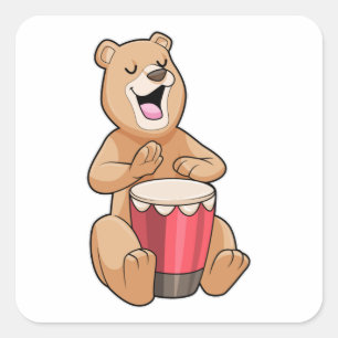 Bear at Music with Drum Square Sticker