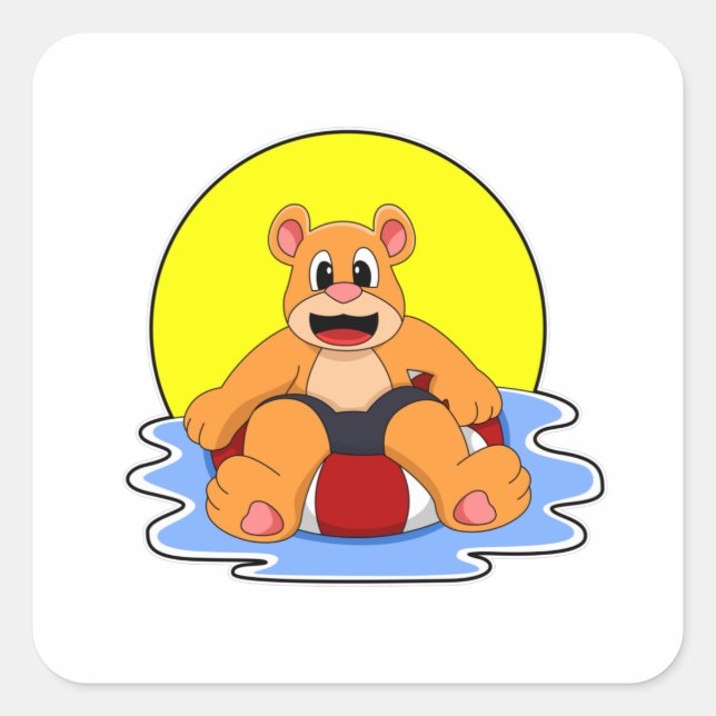 Bear at Swimming with Swim ring Square Sticker (Front)