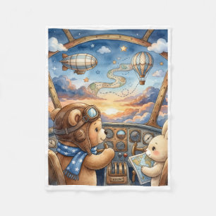 Bear Aviator Hot Air Balloon Sunset Adventure Flee Fleece Blanket