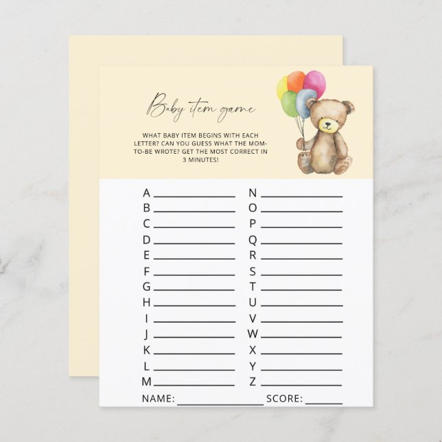 Bear - Baby Item Game. Baby Shower Game (Front/Back)