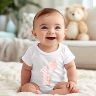 Bear baby pink balloon infant first birthday  bodysuit