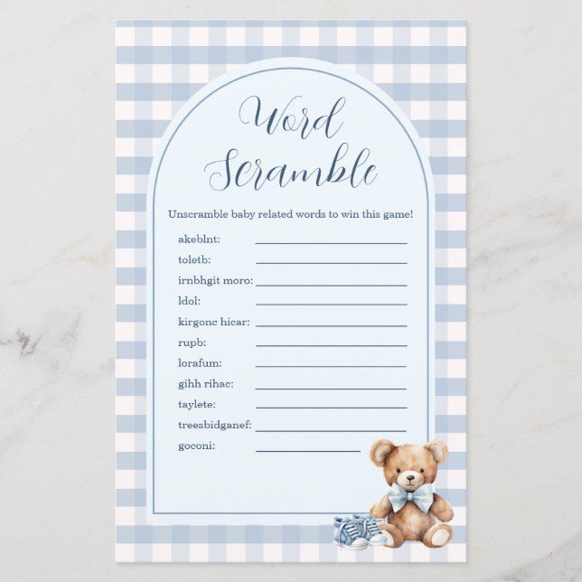 Bear Baby Shoes Blue Gingham Word Scramble Game (Front)