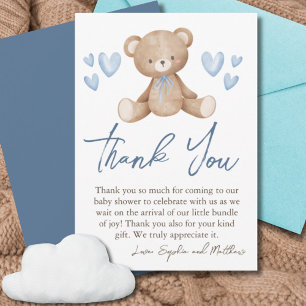 Bear Baby Shower, Baby Boy, Blue Hearts Thank You Card