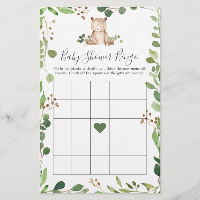 Bear Baby Shower Bingo Game (Front)