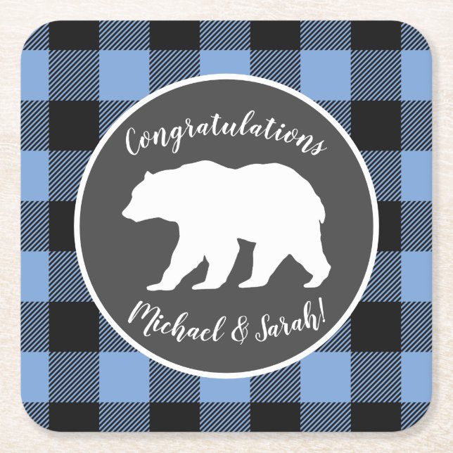 Bear Baby Shower Boy Blue Square Paper Coaster (Front)