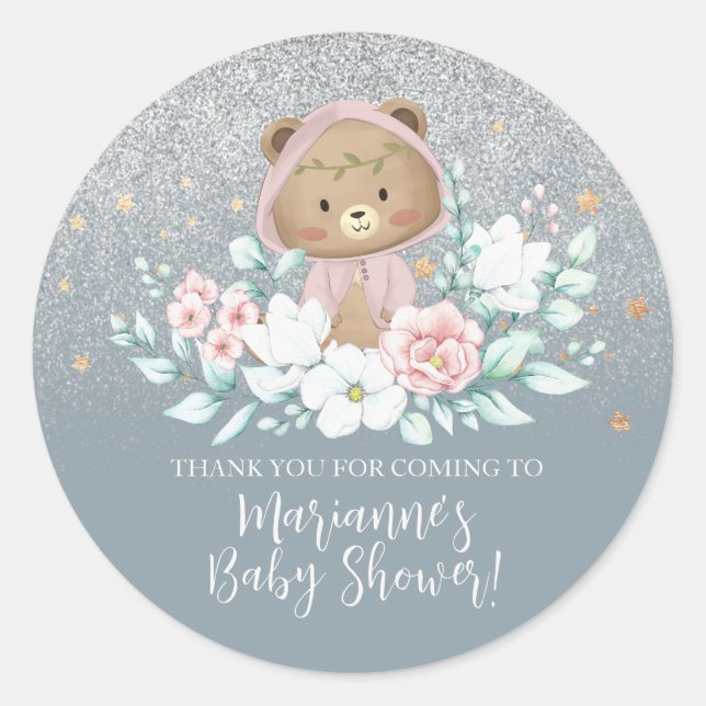  Bear Baby Shower Floral Glitter Blue Bohemian Classic Round Sticker (Front)