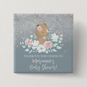 Bear Baby Shower Floral Glitter Muted Blue 15 Cm Square Badge