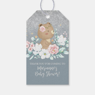 Bear Baby Shower Floral Glitter Muted Blue Gift Tags