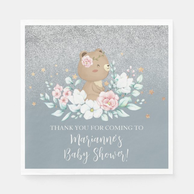  Bear Baby Shower Floral Glitter Muted Blue  Napkin (Front)