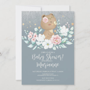  Bear Baby Shower Floral Glitter Muted Pink Blue Invitation