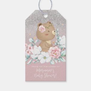 Bear Baby Shower Floral Glitter Muted Pink Gift Tags