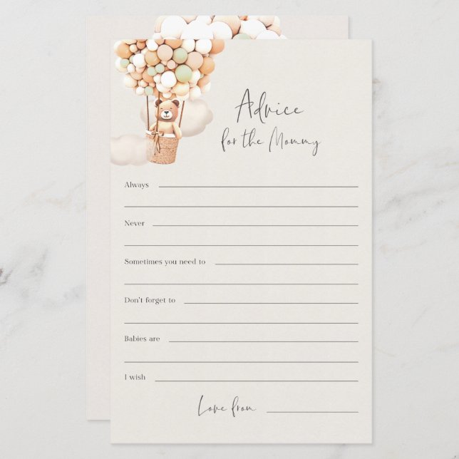 Bear Baby Shower Game - Advice for the Mother (Front/Back)