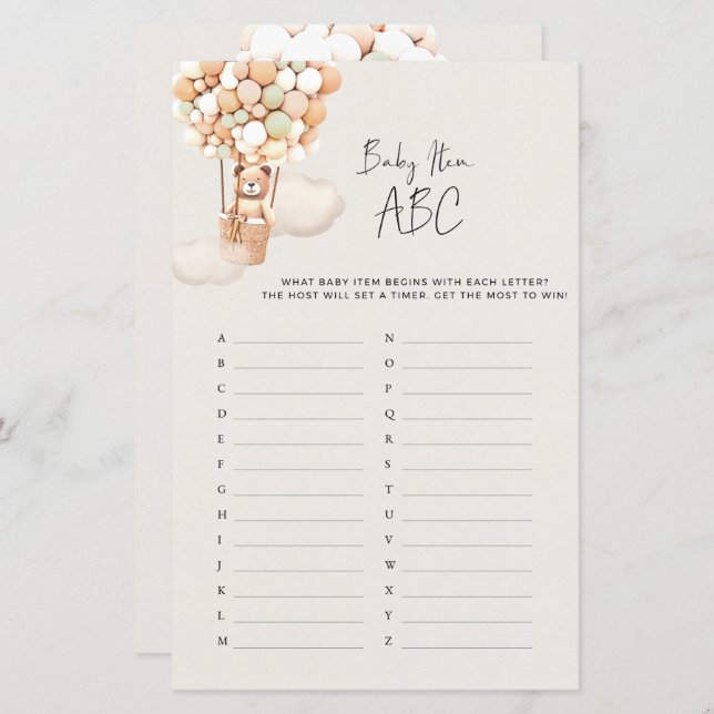 Bear Baby Shower Game - Baby Item ABC (Front/Back)