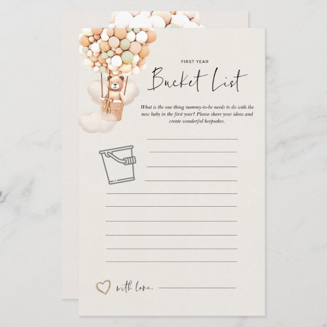 Bear Baby Shower Game - Bucket List (Front/Back)