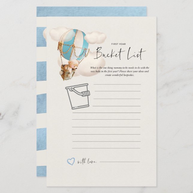 Bear Baby Shower Game - First Year Bucket List (Front/Back)