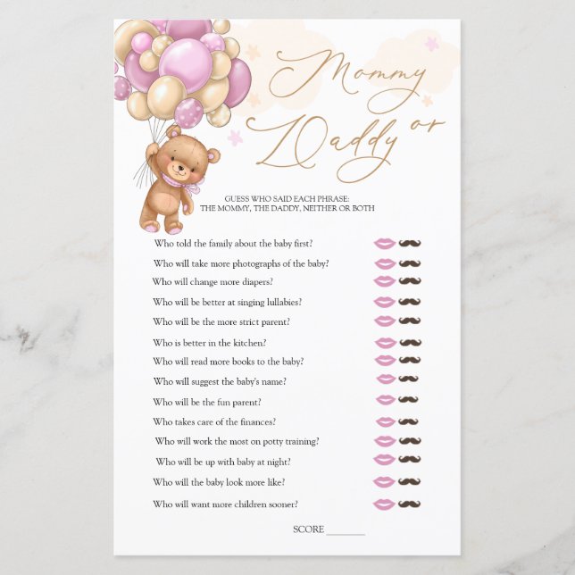 Bear Baby Shower Game Guess Who Mummy or Daddy (Front)