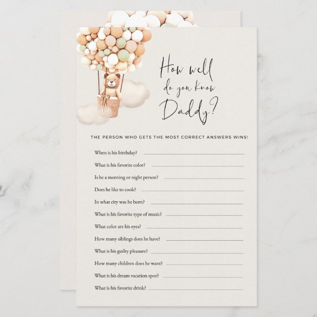 Bear Baby Shower Game - How Well Do You Know Daddy (Front/Back)