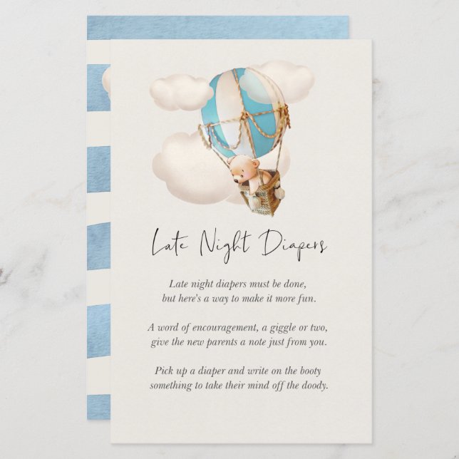 Bear Baby Shower Game - Late Night Diapers Sign (Front/Back)
