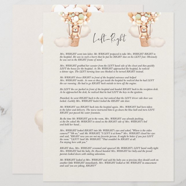 Bear Baby Shower Game - Left Or Right? (Front/Back)