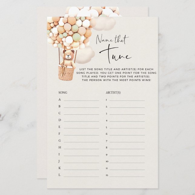 Bear Baby Shower Game - Name That Tune! (Front/Back)