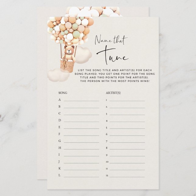 Bear Baby Shower Game - Name That Tune (Front/Back)