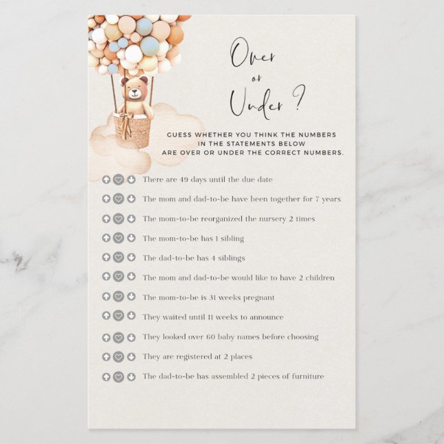 Bear Baby Shower Game Over Or Under (Front)