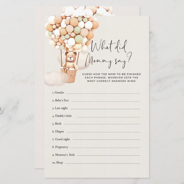 Bear Baby Shower Game - What Did Mummy Say? (Front/Back)