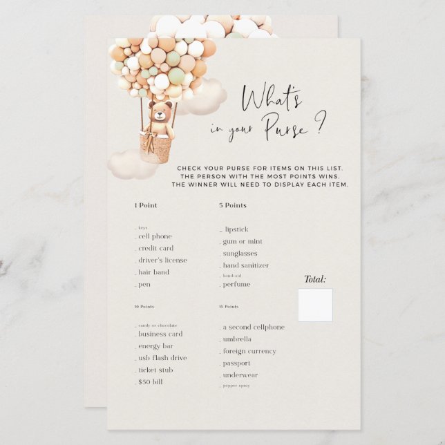 Bear Baby Shower Game - What's In Your Purse? (Front/Back)