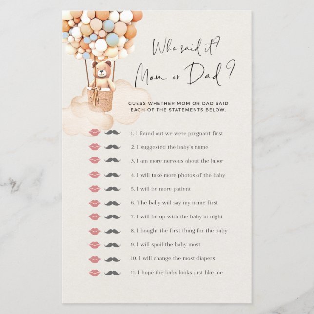 Bear Baby Shower Game Who Said It (Front)