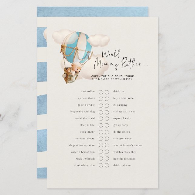 Bear Baby Shower Game - Would Mummy Rather? (Front/Back)