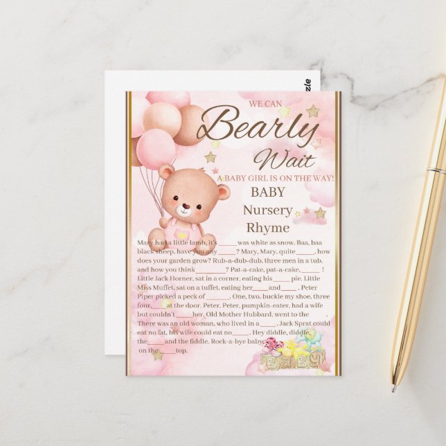 Bear Baby Shower Girl Game Postcard (Front/Back In Situ)