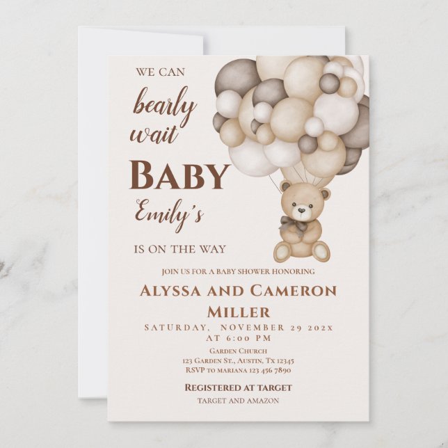 Bear Baby Shower Girl Invitation (Front)