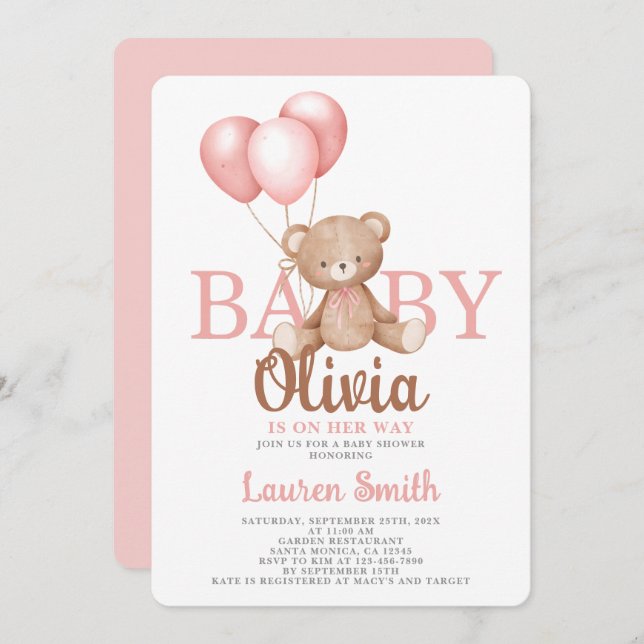 Bear Baby Shower Girl Invitation (Front/Back)