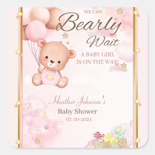 Bear Baby Shower Girl Square Sticker (Front)